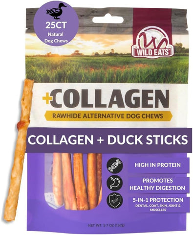 Wild Eats Real Duck Collagen Bully Sticks for Dogs, 25 Pack, Rawhide Free