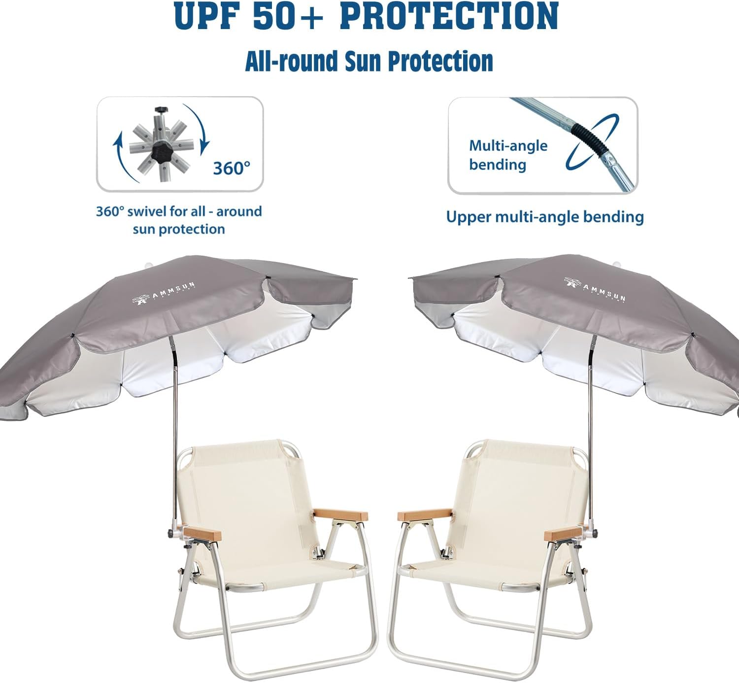 AMMSUN Chair Umbrella with Universal Clamp Adjustable 47 inches and 360° Swivel & UPF 50+ Protection Portable Sun Umbrella, Secure Clip on Camping/Beach Chairs, Stroller, Wheelchair, Golf cart, Lounger, Grey, 2 PACK
