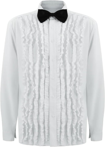Mens Ruffled Tuxedo Shirt Retro 70s 80s Prom Ruche Frill Shirt Bowtie Button Up Long Sleeve Costume Shirts