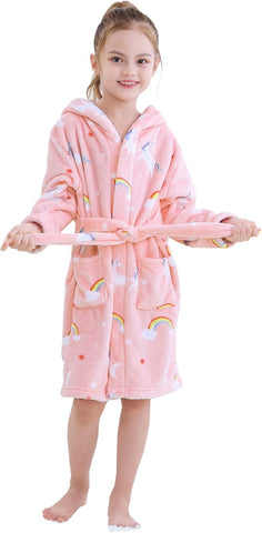 Umeyda Girls Fleece Hooded Robes, Warm Printed Bath Robe for Kids Soft Fuzzy Bathrobe for Gifts
