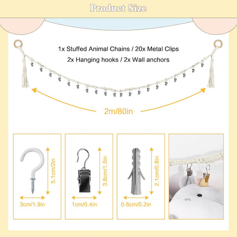 CERETIA 80" Stuffed Animal Organizer Chain, Wall Corner Storage, White