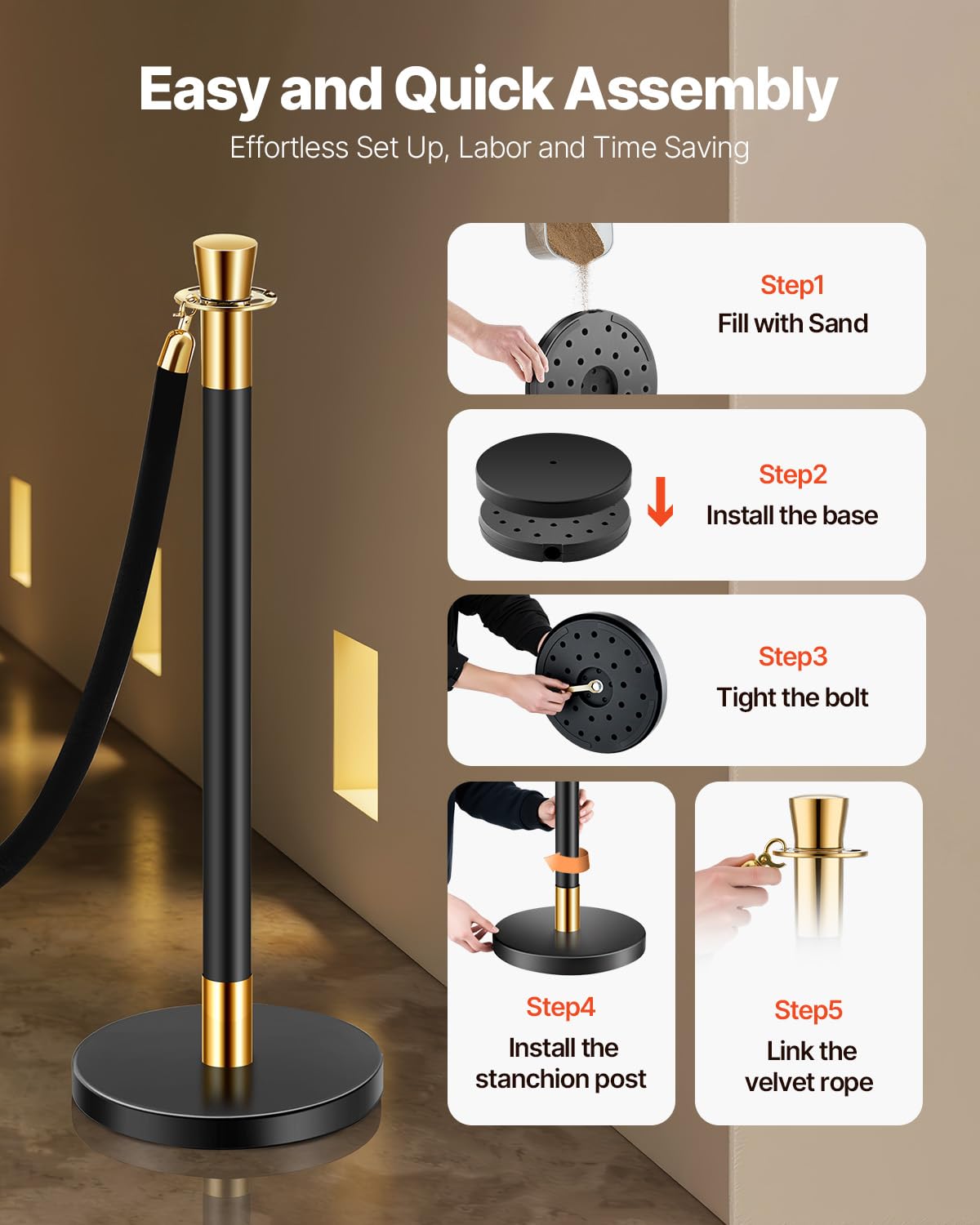 VEVOR Stanchions and Velvet Ropes, 6 Pcs Crowd Control Barriers with 4 Black Velvet Ropes, Stainless Steel Stanchion Post Queue with Sand Injection Hollow Base for Theater, Wedding, Party Supplies