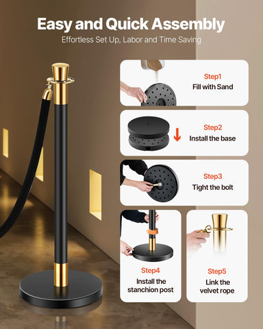 VEVOR Stanchions and Velvet Ropes, 6 Pcs Crowd Control Barriers with 4 Black Velvet Ropes, Stainless Steel Stanchion Post Queue with Sand Injection Hollow Base for Theater, Wedding, Party Supplies