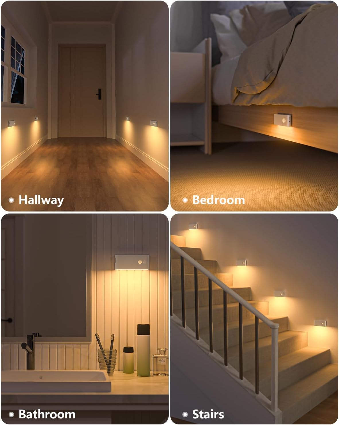 WILLED Motion Sensor Night Light, Rechargeable Stair Lights Indoor, Warm White Motion Sensor Light Indoor, Battery Operated Night Light for Hallway, Stairway, Bathroom, Bedroom, Kitchen, 6 Pack