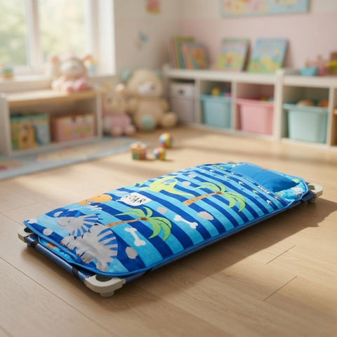 EVERYDAY KIDS Cute Preschooler and Toddler Cot Nap Mat for Home, Daycare, Preschool and Kindergarten; Easy to Roll Sleeping Mat with Elastic Straps, Pillow and Blanket