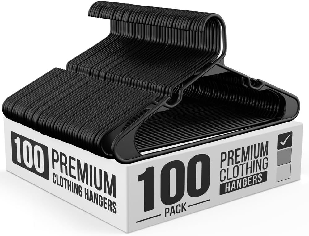 Our Modern Space 100 Pack Adult Plastic Hanger for Shirt Pants Coats Dresses Skirts Suits Jackets - Standard Thick Coat Hanger - Sturdy & Durable Design with Shoulder Grooves Hook - Black