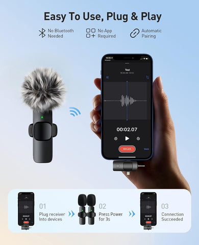 MENERESAS 3-in-1 Mini Microphone for iPhone: Wireless Lavalier Microphones for iOS/Android/Camera - Noise Reduction Lapel Mic, Clip on Mic for Video Recording Vlog, YouTube