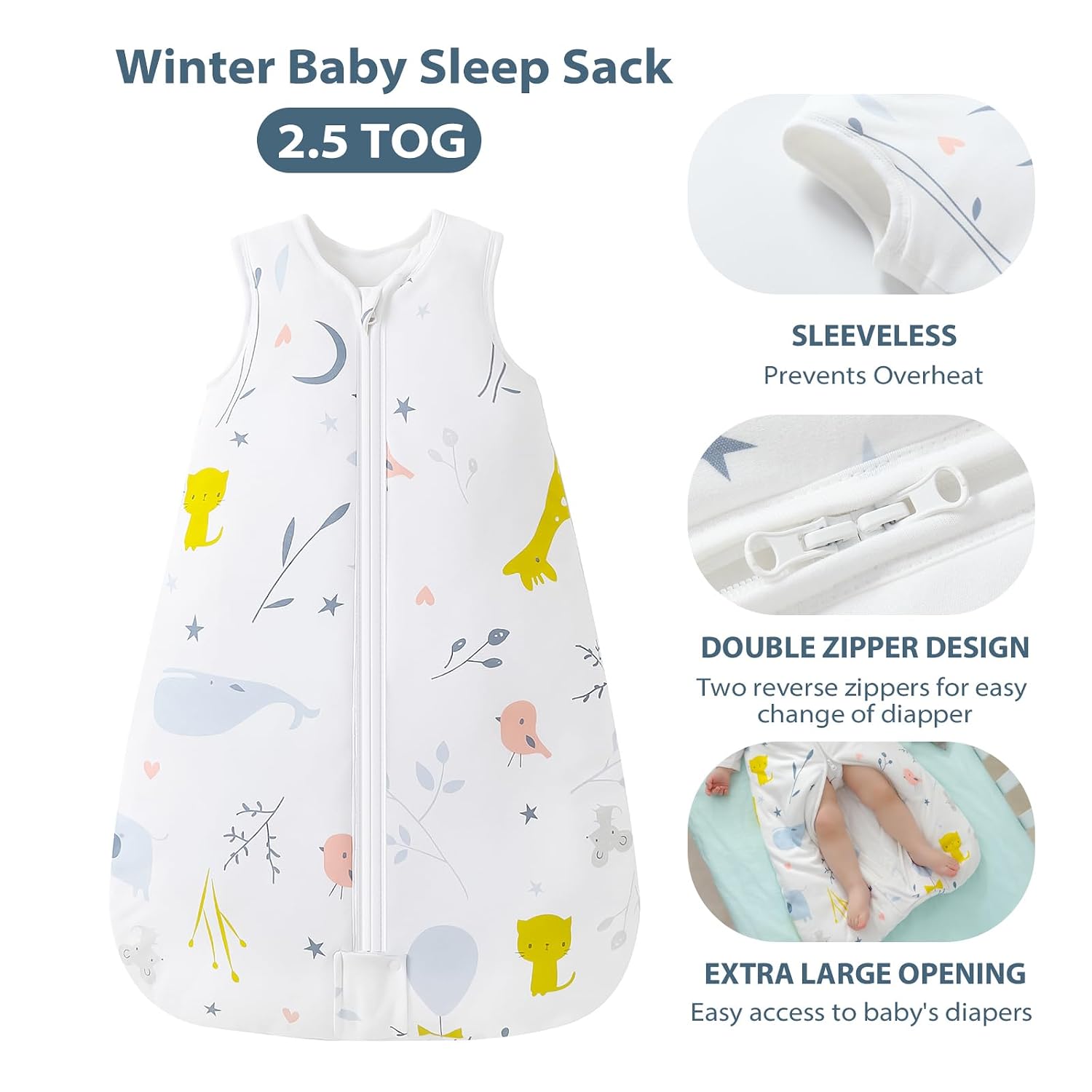 Mosebears Sleep Sack Baby Winter Wearable Blanket with 2-Way Zipper,2.5 TOG Cotton Sleep Sack Unisex (White Animal, 0-6 Months)