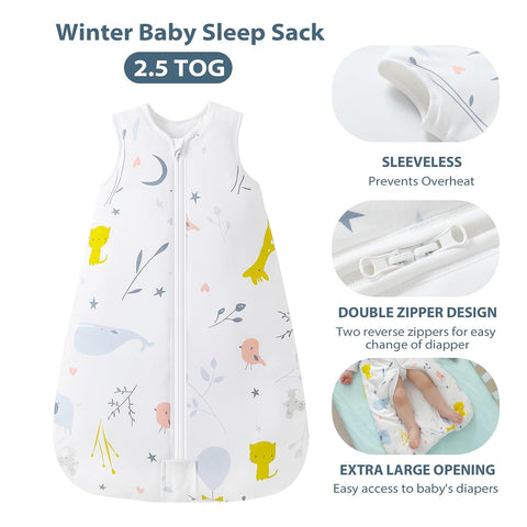 Mosebears Sleep Sack Baby Winter Wearable Blanket with 2-Way Zipper,2.5 TOG Cotton Sleep Sack Unisex (White Animal, 0-6 Months)