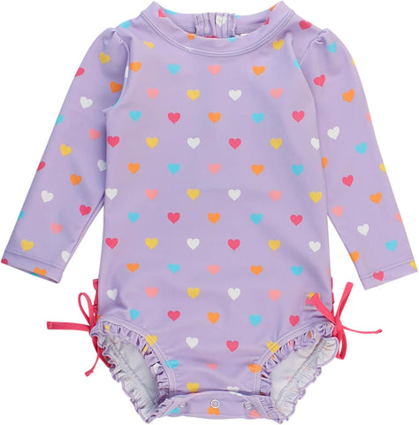 RuffleButts Baby Girl Polka Dot Rash Guard - UPF 50+ Swimsuit