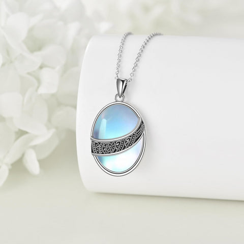 YAFEINI Moonstone Necklace Sterling Silver Vintage Filigree Oval Pendant Necklace Jewelry Christmas Gifts for Women
