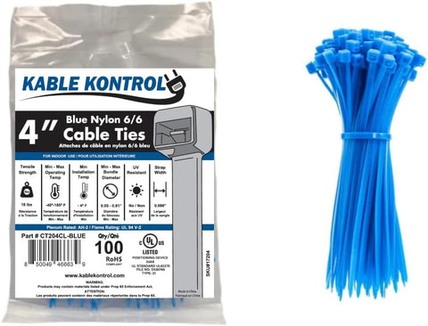 Kable Kontrol Cable Zip Ties, 4 Inch, 100 Pcs, 18lbs Test, Blue