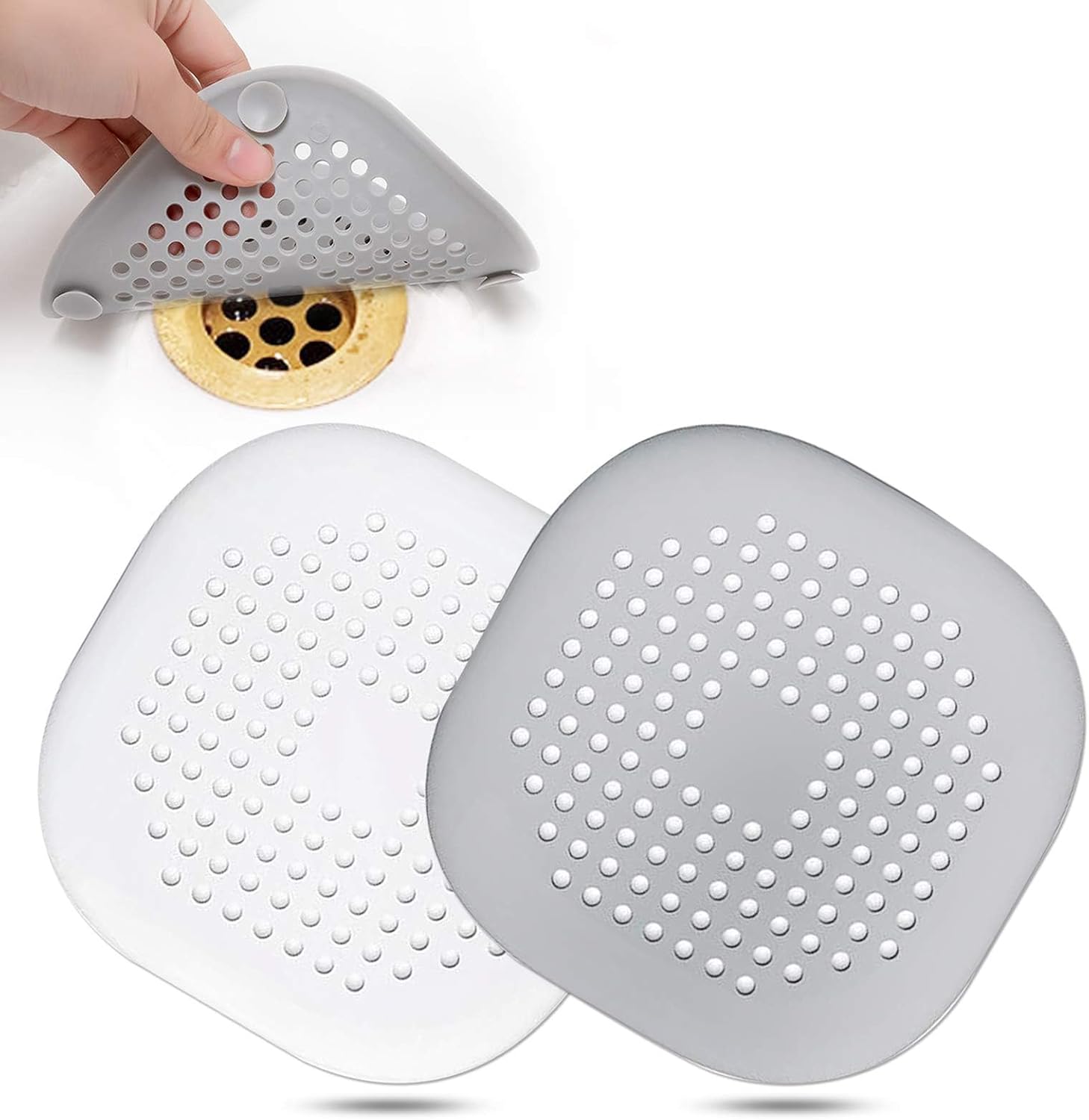 Hair Drain Catcher,Square Drain Cover for Shower Silicone Hair Stopper with Suction Cup,Easy to Install Suit for Bathroom,Bathtub,Kitchen 2 Pack (Grey White)