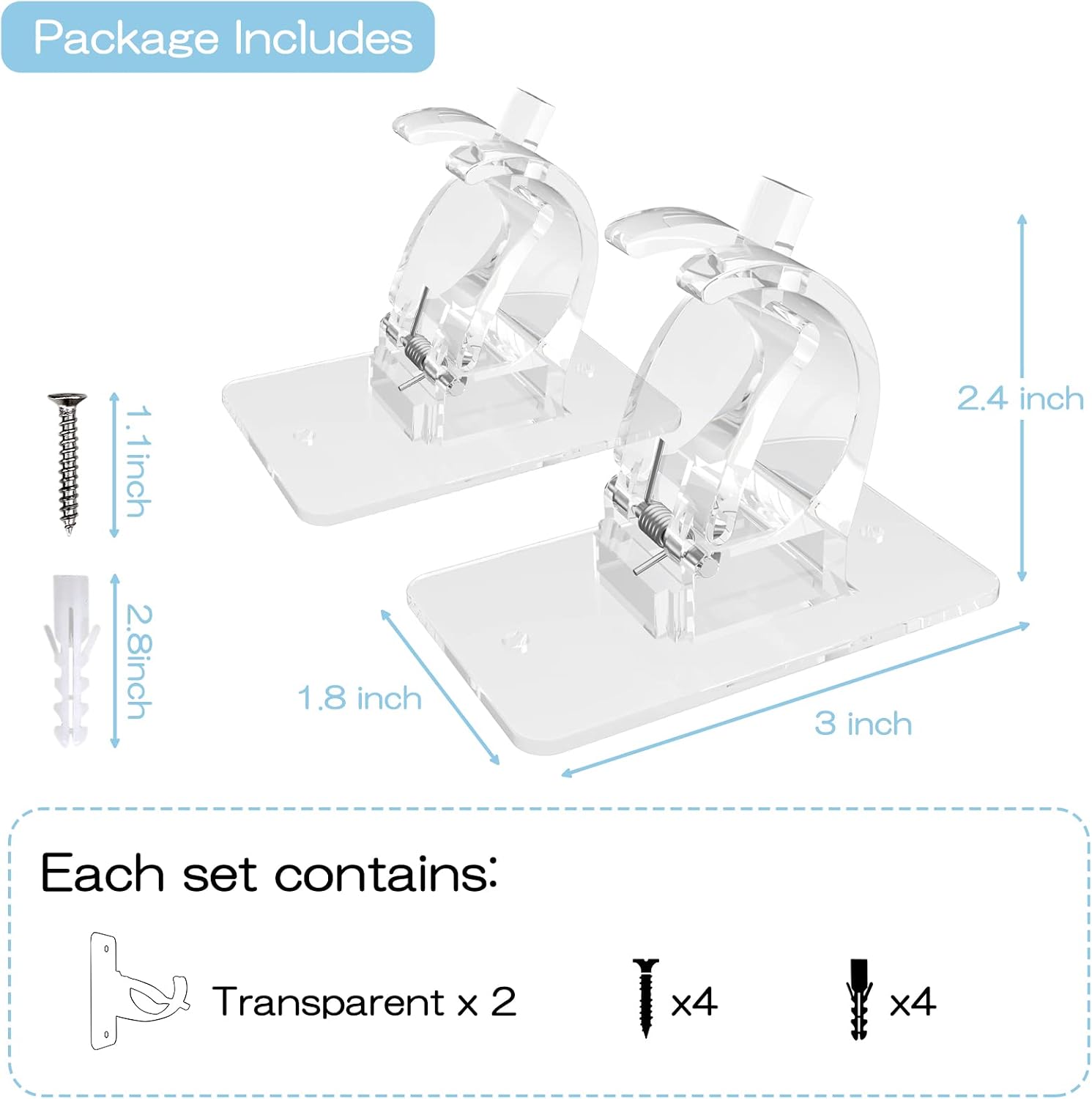 CIEMGNZOC 2PCS No Drill Curtain Brackets, Self-Adhesive Rods, Adjustable Curtain Hooks for Rods Under 1.57 Inch (Transparent)