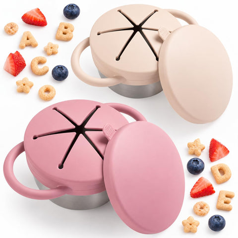 Bufilea 2 Pack Snack Containers for Toddlers, Stainless Steel Toddler Snack Cups with Silicone Food Catcher & Lids,Snack Cups for toddlers Spill Proof