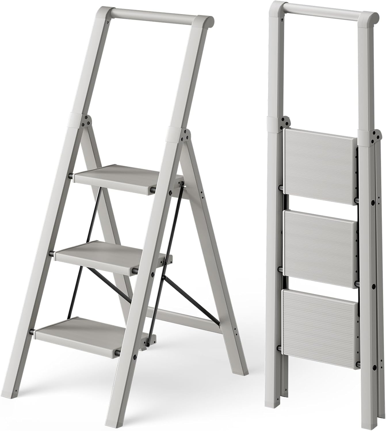 HillhutApex Aluminum 3 Step Ladder, Step Stool Foldable Ladder(Pale Grey)