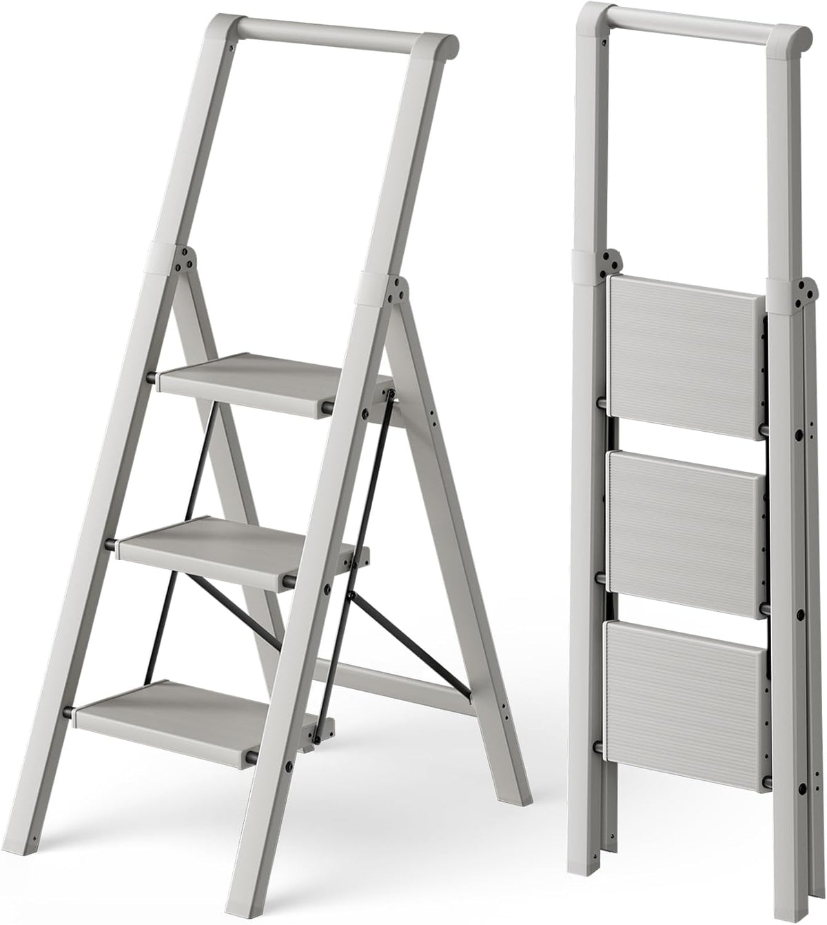 HillhutApex Aluminum 3 Step Ladder, Step Stool Foldable Ladder(Pale Grey)