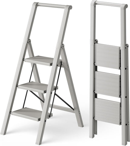 HillhutApex Aluminum 3 Step Ladder, Step Stool Foldable Ladder(Pale Grey)