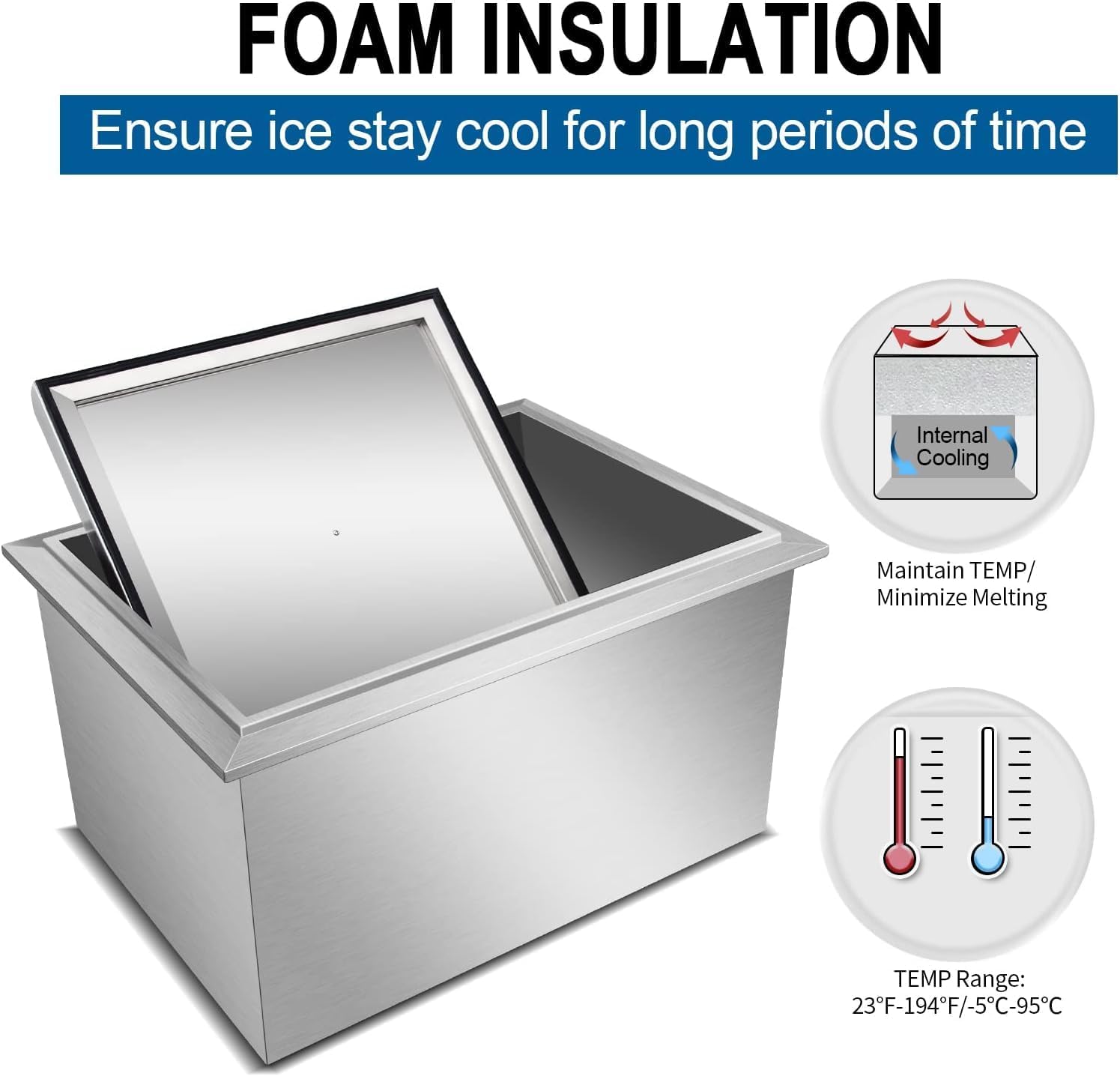 Drop in Ice Chest, Ice Cooler with 304 Stainless Steel Cover Drop in Ice Bin Included Drain-Pipe and Drain Plug for Cold Wine Beer