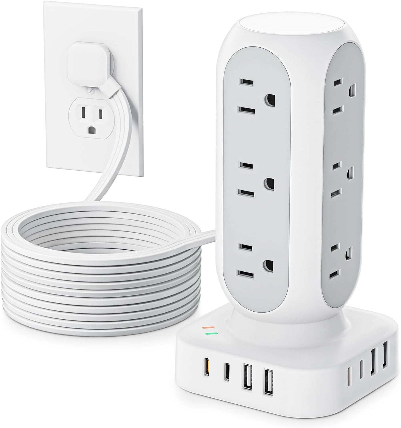 Flat Plug Power Strip Tower, TenTrend 40W Total Fast Charging Station, 10FT