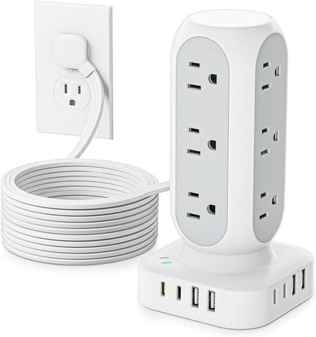 Flat Plug Power Strip Tower, TenTrend 40W Total Fast Charging Station, 10FT