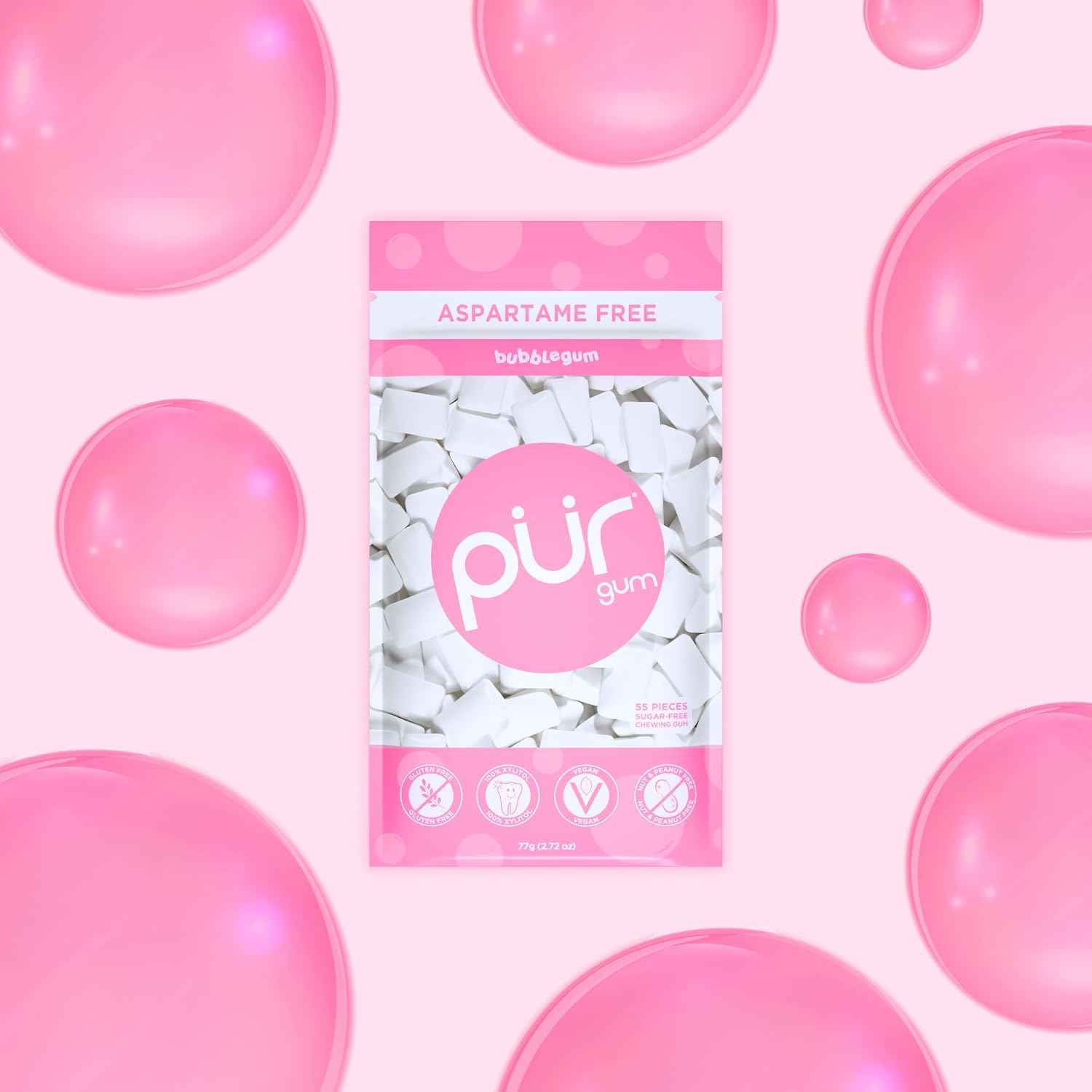 PUR Gum, Bubblegum, Xylitol Gum, No Artificial flavour, 165 Count (3x55)