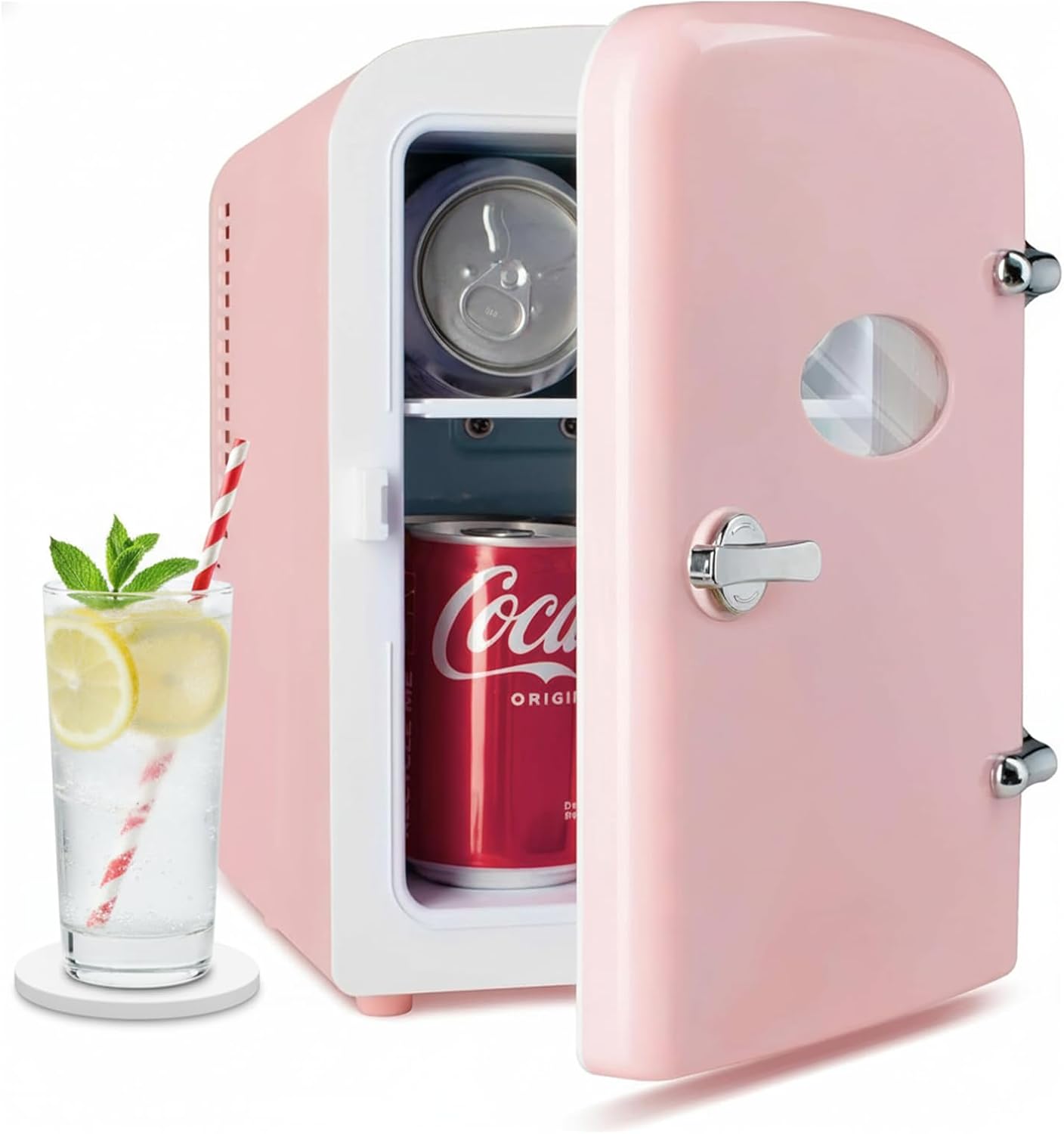 InfiniPower 4L/6 Can Mini Fridge with Observation Window, Portable AC/DC Cooler & Warmer Beverage for Skincare, Drinks, Bedroom, Dorm, Car, Office, Pink