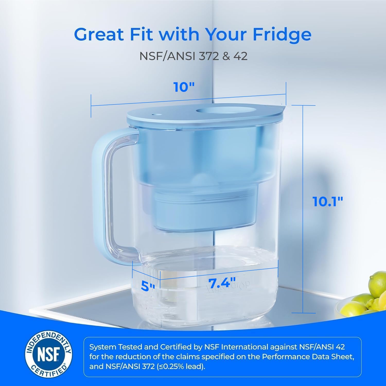 Waterdrop PT-07B Water Filter Pitcher, 10-Cup, NSF Certified, Blue