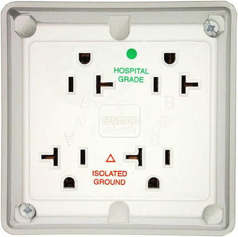 Leviton 20 Amp, 125 Volt, Industrial Series Extra Heavy Duty Hospital Grade, 4-In-1 Receptacle, Isolated Ground, Straight Blade, 21254-IGW, White
