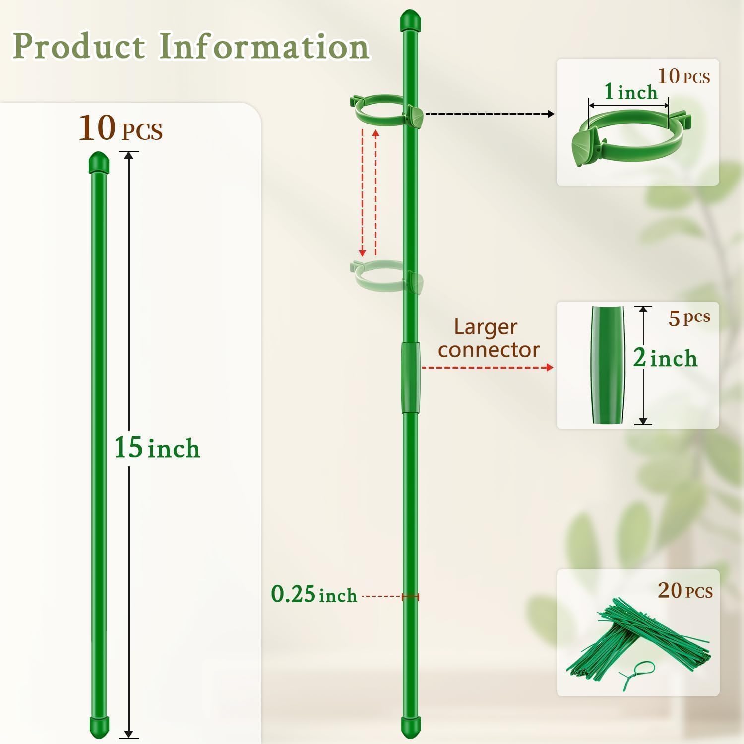 Plant Stakes 17 inch SupKing Support Stick Orchid Stakes with Clips 10Pcs Garden Plant Poles Extended to 3/4/5ft for Indoor Outdoor Potted Tomato Rose Amaryllis Vegetables Monstera -Green