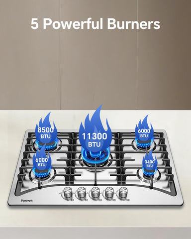 Vancepic 30 Inch Gas Cooktop, 5 Burners Stainless Steel Propane Stove Top