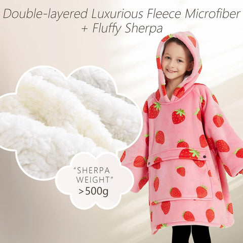 KFUBUO Wearable Blanket Hoodie for Kids Sherpa Patterns Oversized Sweatshirt Blanket With Pocket 6-10 Year Old Girl Cute Hoodies Gift Strawberry