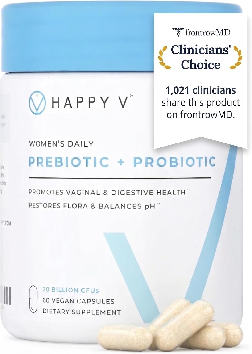Happy V Dr. Formulated Vaginal Probiotics for Women Odor & Itch Support, Urinary & Gut Health, pH Balance | Womens Daily Probiotic with Patented Prebiotics & Lactobacillus for Feminine Wellness