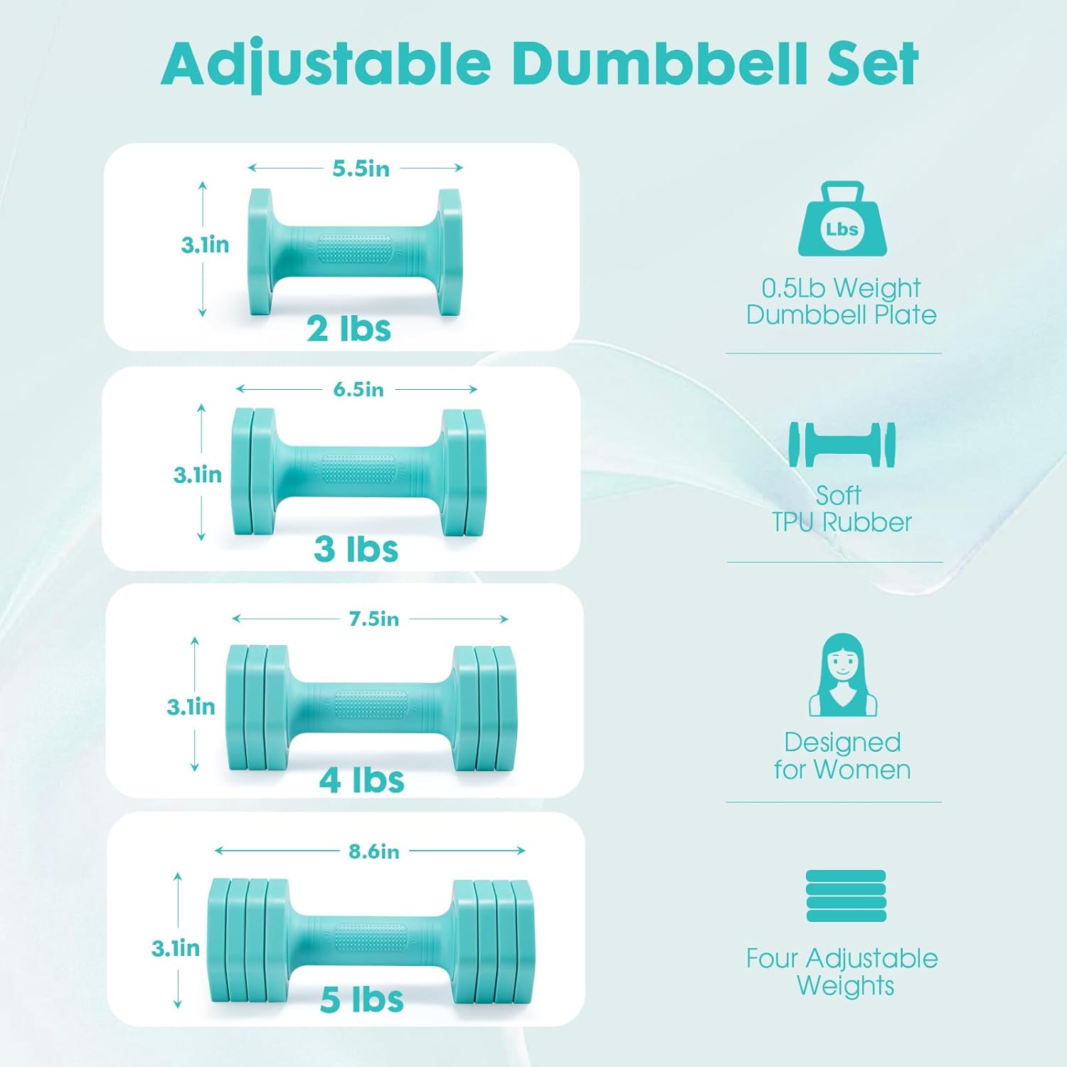 EQUIPRO Adjustable Dumbbell Set, 4 in 1 Free Weights Dumbbells Set for Women, Weights for Women at Home, 2lb 3lb 4lb 5lb with TPU Soft Rubber Handle for Home Gym Exercise Training