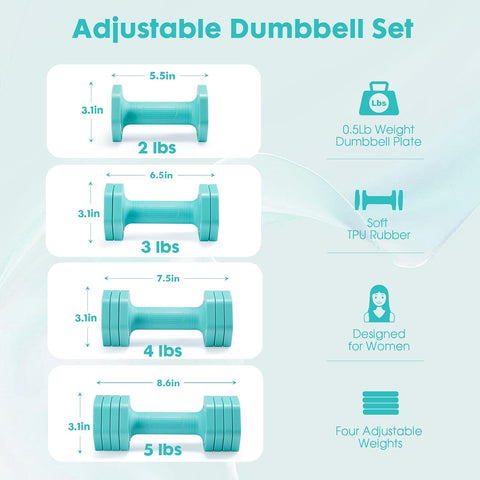 EQUIPRO Adjustable Dumbbell Set, 4 in 1 Free Weights Dumbbells Set for Women, Weights for Women at Home, 2lb 3lb 4lb 5lb with TPU Soft Rubber Handle for Home Gym Exercise Training