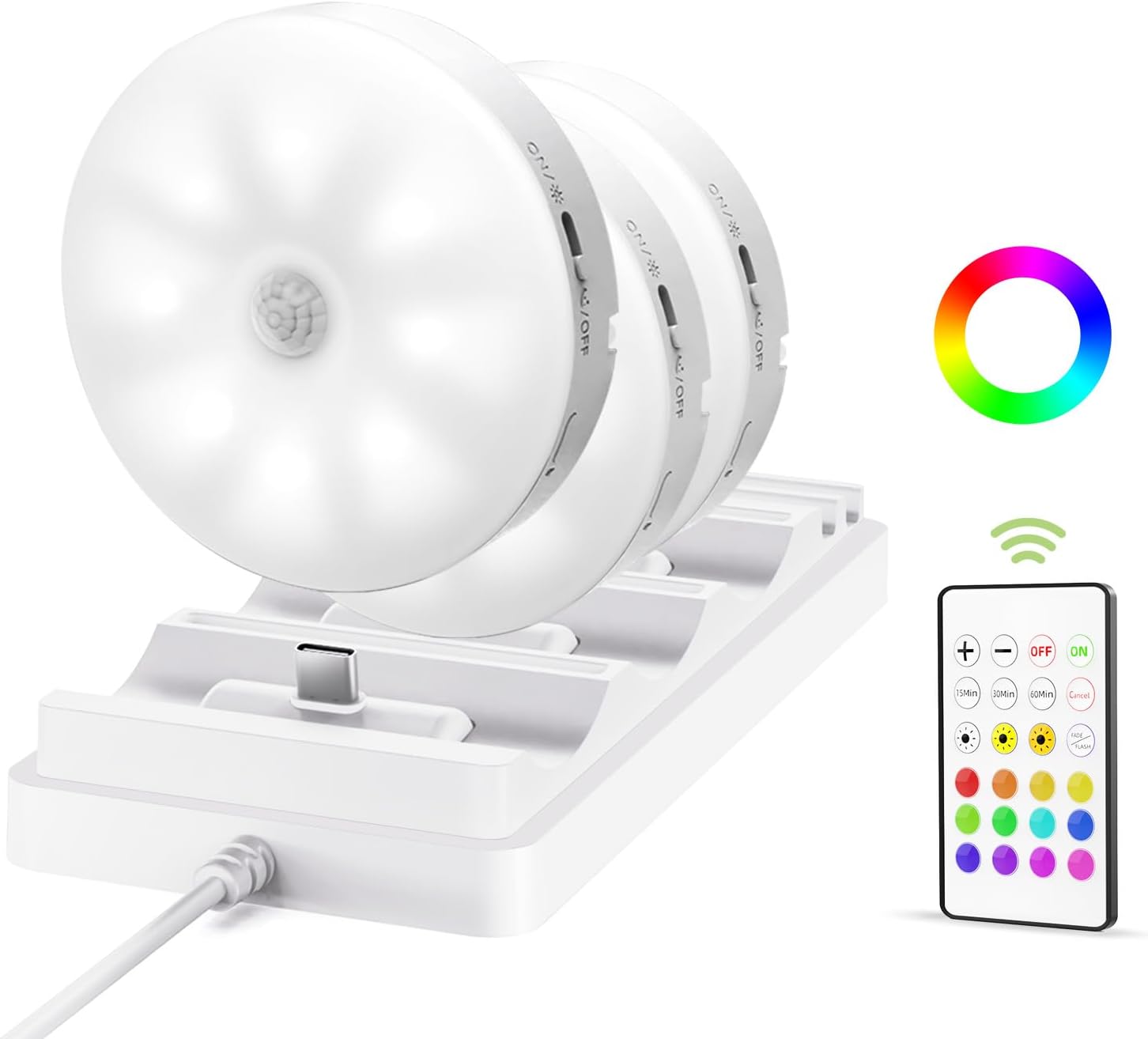 EZVALO Under Cabinet Lighting with Charging Station, 1000mAh Rechargeable Puck Lights with Remote, 3 Color Temps & 12 RGB Closet Lights, Dimmable Motion Sensor Lights for Shelf, Kitchen (3 Packs)