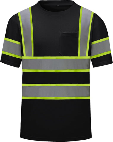 High Visibility Shirts Quick Dry Safety T Shirts with Reflective Strips and Pocket Short Sleeve Mesh Hi Vis Construction Work Class 2 Shirt for Men/Women Black,XL