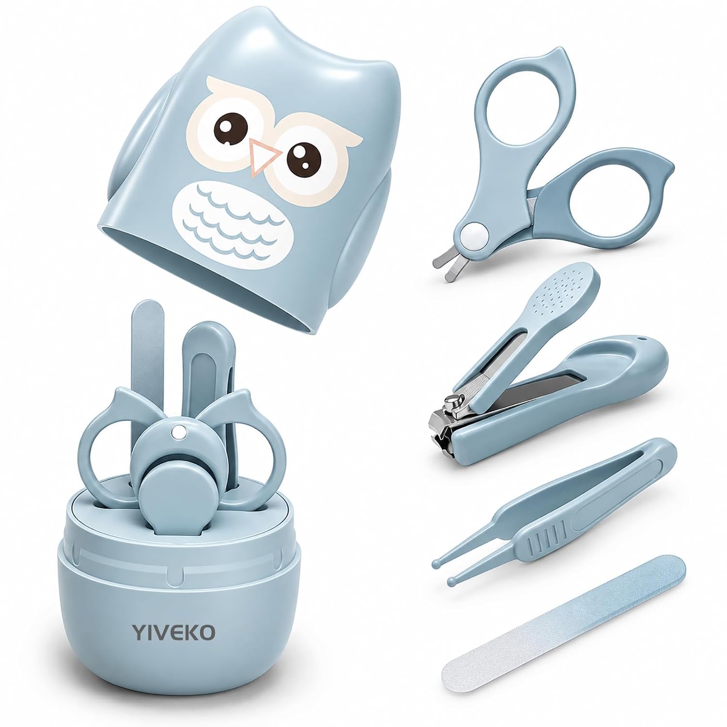 Baby Nail Kit, 4-in-1 Baby Nail Care Set with Cute Case, Baby Nail Clipper, Scissor, Nail File & Tweezer, Baby Manicure Kit and Pedicure kit for Newborn, Infant, Toddler, Kids-Owl Blue