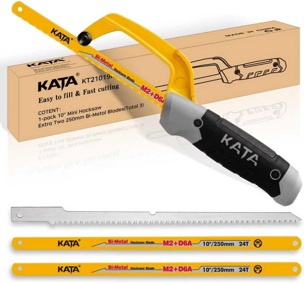 KATA 10 Inch Mini Hacksaw for Metal & Wood Cutting with 4-Piece Blades