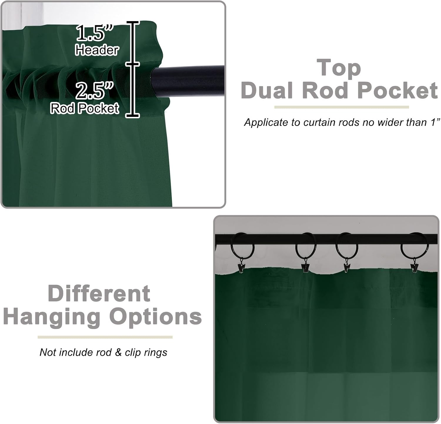 Kitchen Curtains 24 Inch Length Tier 2 Pieces, Hunter Green Sheer Curtain Solid Soft Sheer Short Curtains for Windows, Cafe Bathroom Basement Rod Pocket Drapes, Hunter Green, 42"Wx24"L Inch