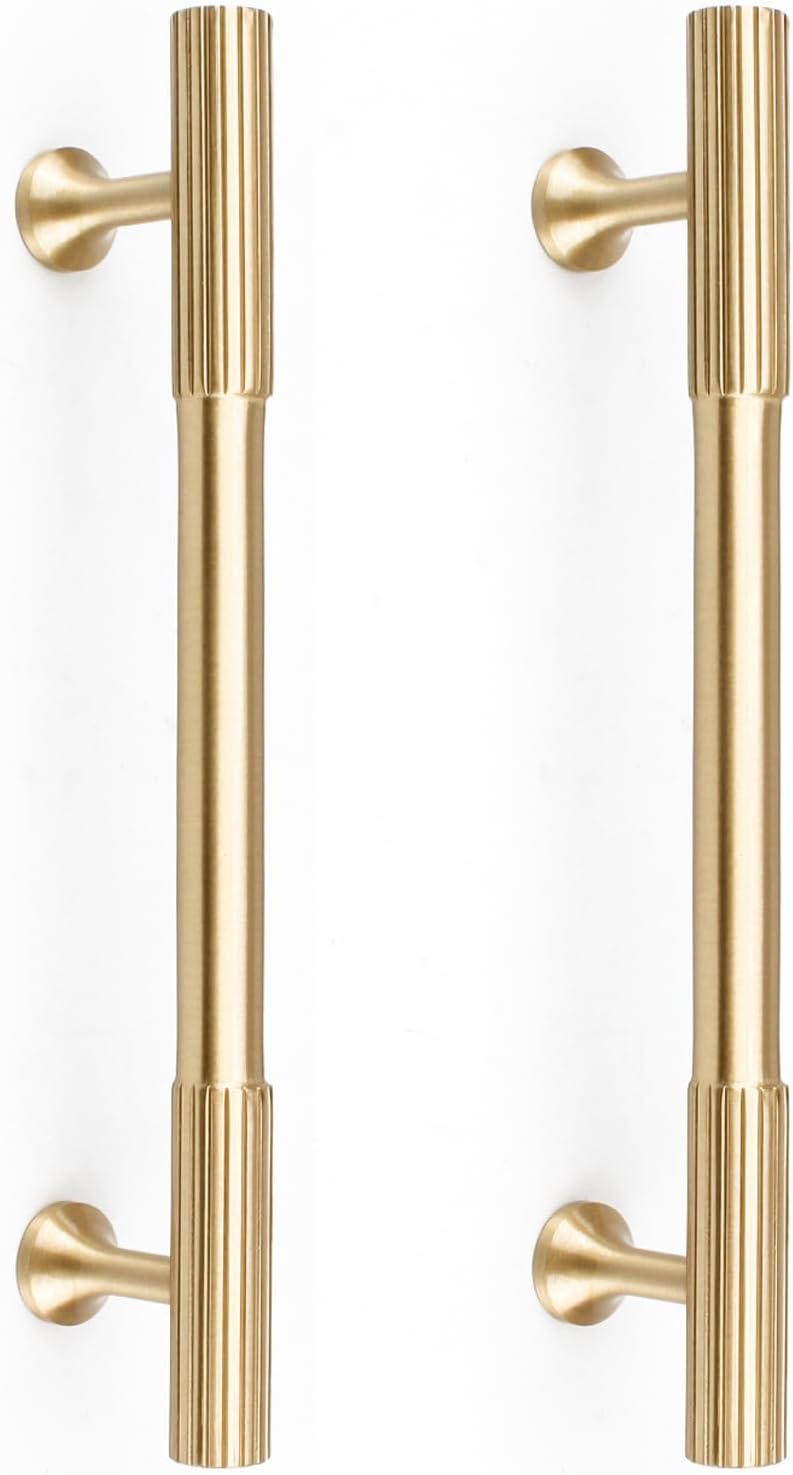RZDEAL 4pcs Solid Brass Gold Cabinet Pulls, 5-Inch Hole Centers for Kitchen Cupboard Handles Modern Drawer Pulls Bathroom Brushed Brass Cabinet Pulls Wardrobe Door Handles