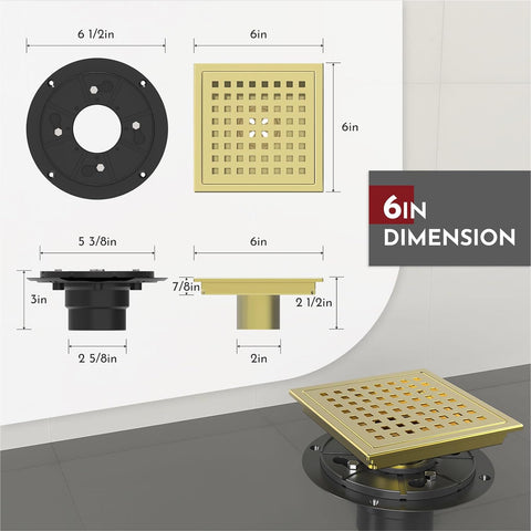 WEBANG 6 Inch Square Shower Floor Drain with Flange,Quadrato Pattern Grate Removable,Food-Grade SUS 304 Stainless Steel,Watermark&CUPC Certified, Brushed Gold