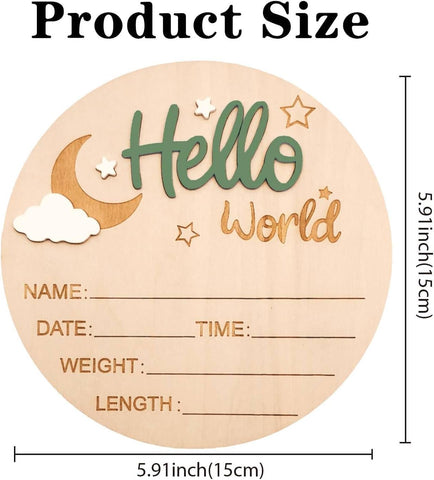Baby Announcement Sign, 5.9 Inch Wooden Hello World Newborn Signs, Birth Announcement Sign and Pen, Moon and White Cloud Decoration, Welcome Newborn Arrival to World (Avocado Green)