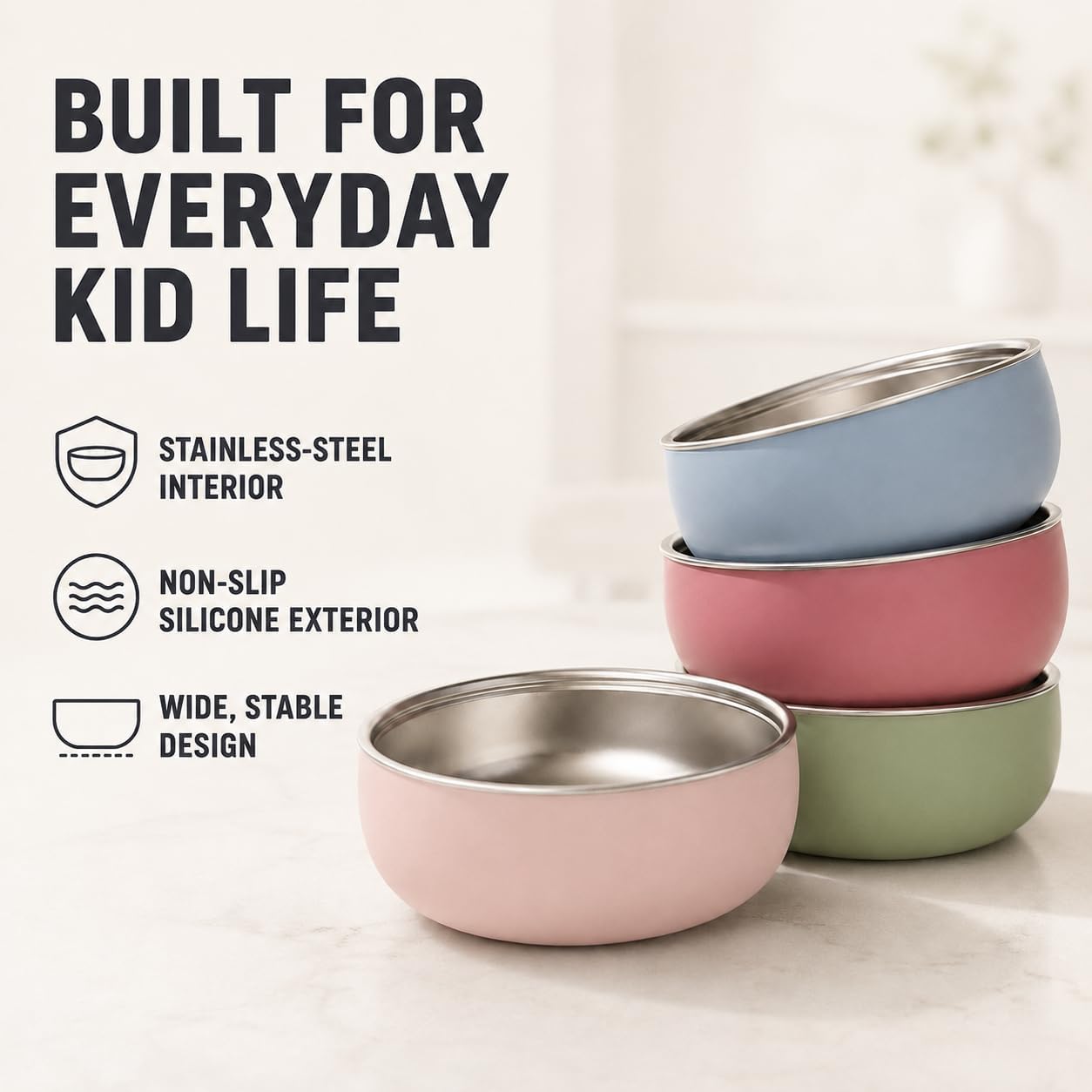 Monkey Proof™ Non-Toxic Stainless Steel Child Bowl 5” with Non-Slip Silicone Shell, Multi-color, (Set of 4 bowls) Unbreakable, Mess Free Feeding for Babies, Toddlers, Kids, BPA free