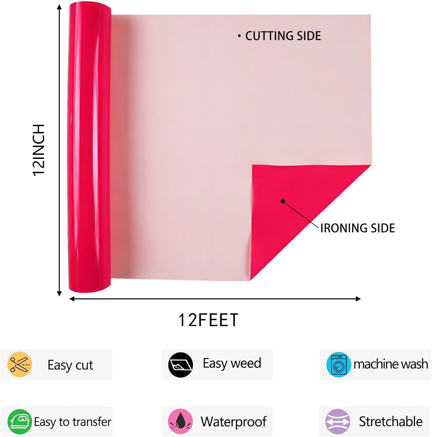 HTV Neon Red Iron on Vinyl 12Inch by 12ft Roll HTV Heat Transfer Vinyl for T-Shirt HTV Vinyl Rolls for All Cutter Machine - Easy to Cut & Weed for Heat Vinyl Design (Neon Red, 12ft)