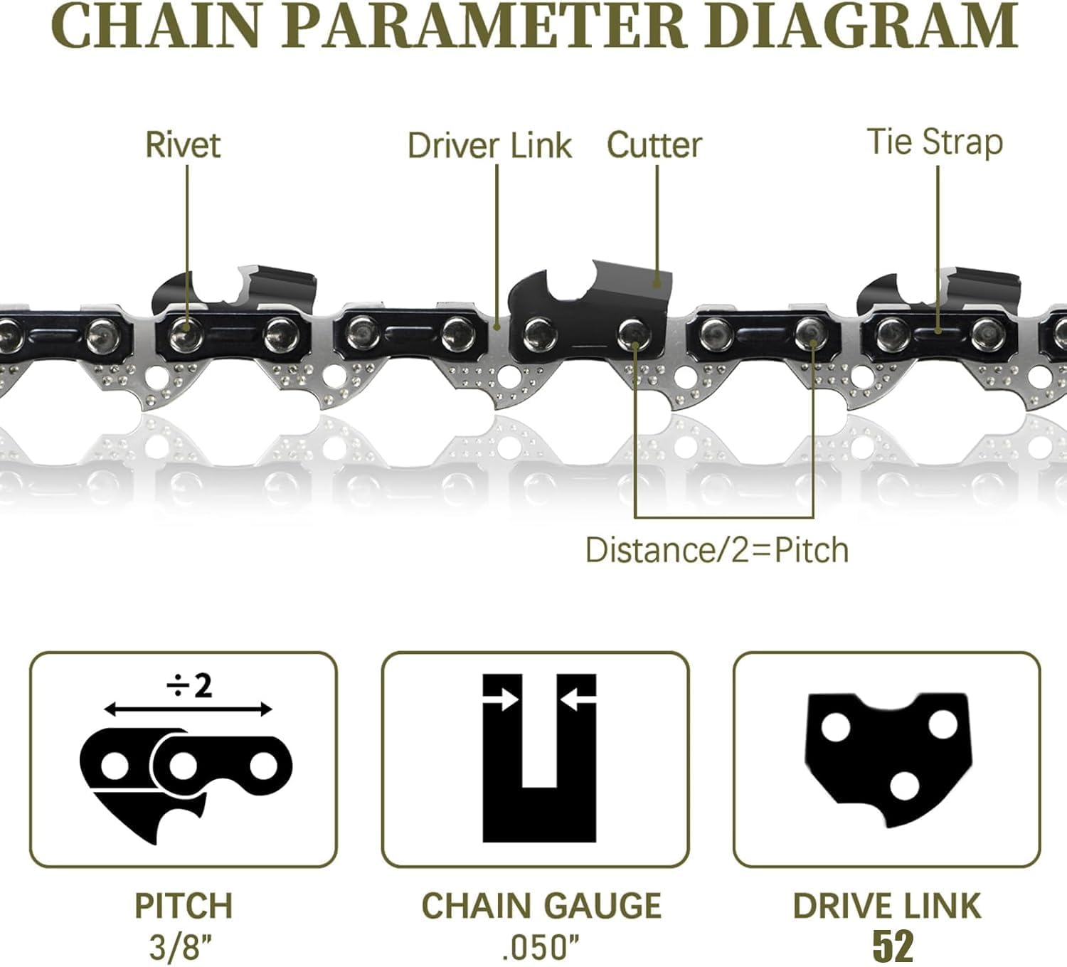 5Pack 14 Inch Chainsaw Chain 52 Drive Links 3/8" LP Pitch .050" Gauge Fits Husqvarna 120, Echo CS-310, Ryobi RY3714, Poulan, Homelite and more