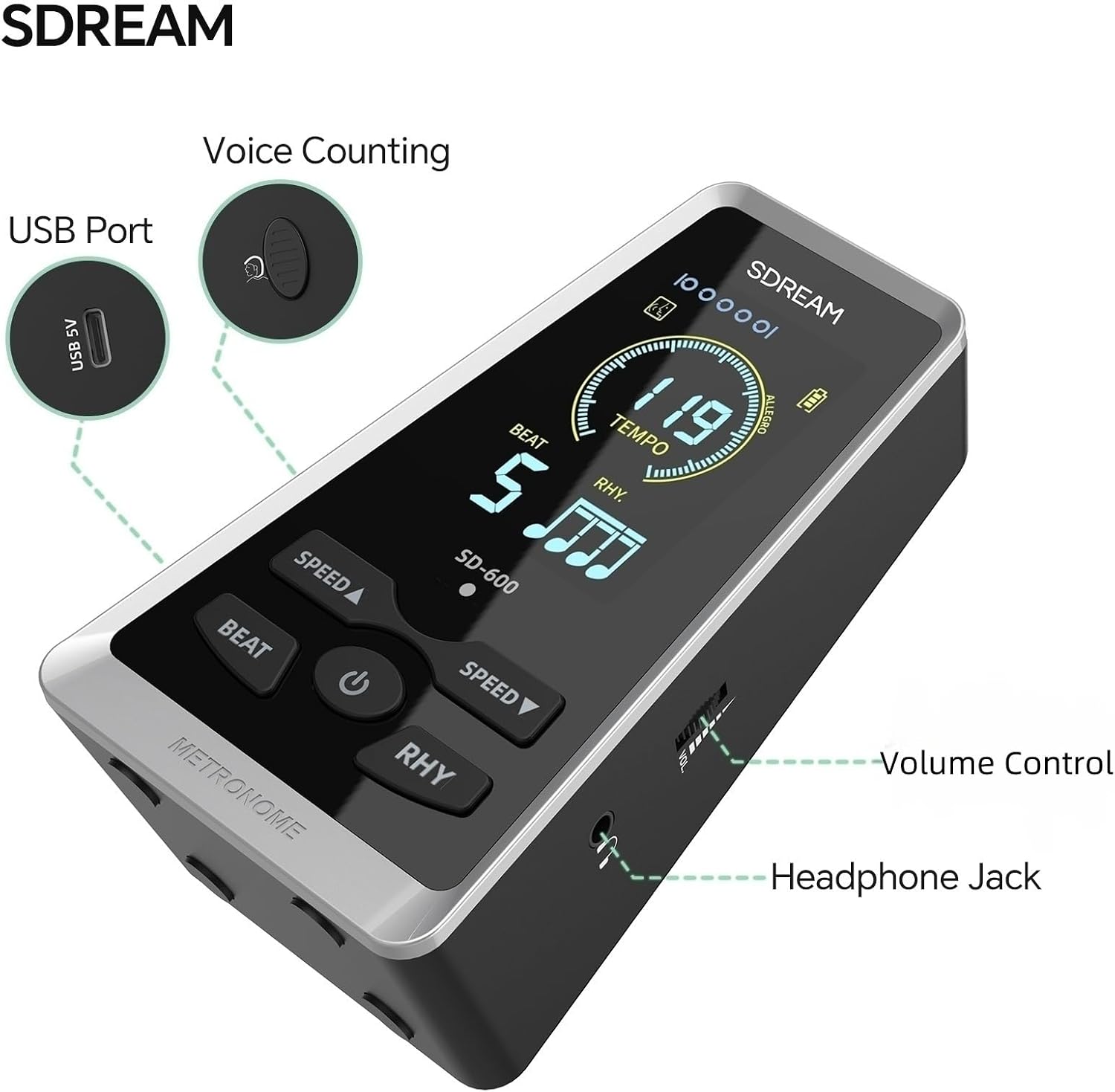 SDREAM Digital Metronome for Piano,Guitar,Violin,Rechargeable LCD Electronic Metronome with Human Voice,Professional Metronome for Beginners & Musicians,Instrument Volume & Beat Speed Adjustable