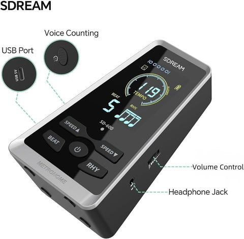 SDREAM Digital Metronome for Piano,Guitar,Violin,Rechargeable LCD Electronic Metronome with Human Voice,Professional Metronome for Beginners & Musicians,Instrument Volume & Beat Speed Adjustable