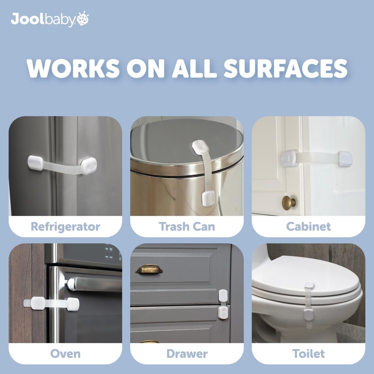 Jool Baby Child Safety Strap Locks (4 Pack) Baby Proof Cabinets, Drawers, Fridge, Toilet & Trash Cans – 3M Adhesive Childproof Locks