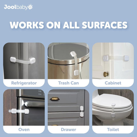 Jool Baby Child Safety Strap Locks (4 Pack) Baby Proof Cabinets, Drawers, Fridge, Toilet & Trash Cans – 3M Adhesive Childproof Locks